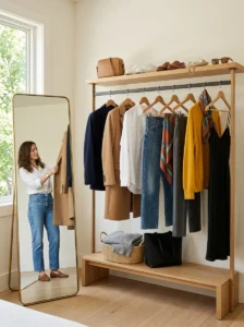 Alt Text:
Versatile wardrobe basics and trend pieces arranged in a practical minimalist dressing room