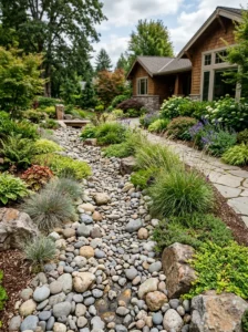 Alt Text: River rock dry creek bed designed to direct water runoff.