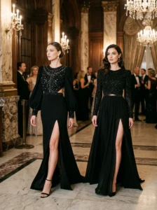 Alt Text: Black gown paired with a structured metallic clutch
