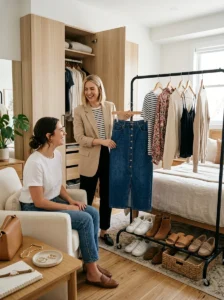 Alt Text: Long denim skirt styling ideas and outfit combinations