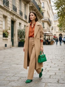 Alt Text: Fashion outfit demonstrating the 60-30-10 color balance with dominant, secondary, and accent colors