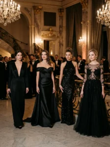 Alt Text: Black gowns in crepe, satin, velvet, and lace fabrics