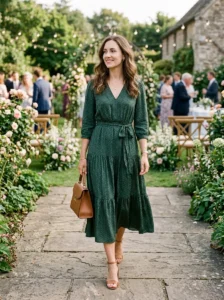 Alt Text: Smart casual wedding guest outfit combining relaxed style with polished details