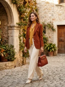 Alt Text: Warm-toned outfit showing coordinated color temperature and consistent undertones