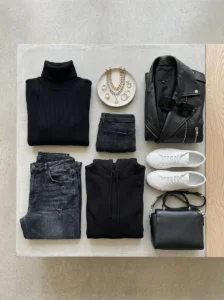 Alt Text: Stylish women wearing monochrome and all-black baddie outfits.
