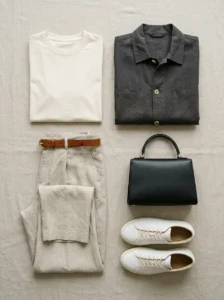 Essential casual wardrobe pieces arranged for a polished everyday outfit.