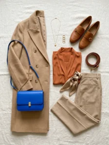 Alt Text: Color-coordinated wardrobe pieces demonstrating balanced color proportions and a clear focal point