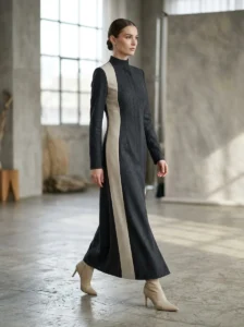 Alt Text:
Fashion outfit using a continuous vertical line and strategic color blocking for visual balance