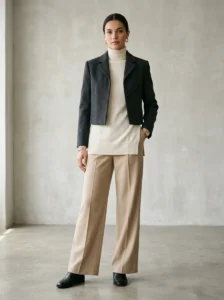 Fashion outfit demonstrating balanced proportions with a cropped jacket, longer layer, and high-waisted trousers