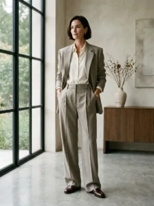 Well-fitted outfit showing precise blazer shoulders, tailored sleeves, and properly hemmed trousers
