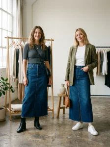 Woman styling a long denim skirt with a fitted top and statement accessories
