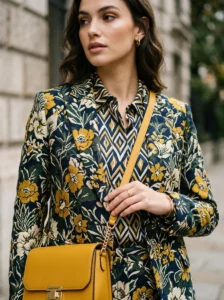 Alt Text: Woman wearing large and small patterns together for balanced visual contrast