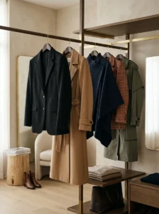 Alt Text:
Classic black blazer and camel coat forming a timeless outerwear foundation