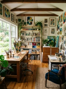 Alt Text: Inspiring and functional home art studio with organized creative spaces.