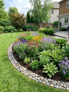 Alt Text: River rocks used to edge a landscaped walkway.