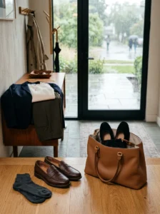 Alt Text:
Weather-resistant shoes and practical backup footwear for unpredictable weather