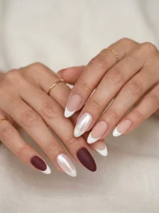 Almond French tip nails with matte, glossy, and glazed finishes