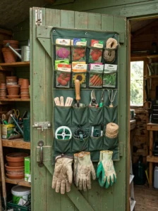Organized garden shed combining vertical storage, overhead racks, labeled bins, and dedicated storage zones.