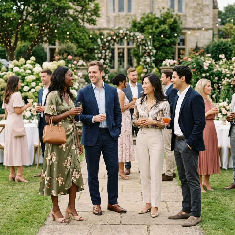 Alt Text: Smart casual wedding guests dressed in polished and relaxed outfits at an outdoor wedding