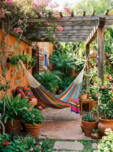 Alt Text: Colorful ceramic planters filled with greenery on a Mexican patio