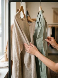 Alt Text: Comparing fabric drape and texture when shopping for affordable clothing