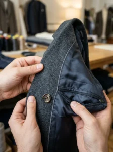 Alt Text: Checking stitching buttons zipper and lining quality on budget clothing
