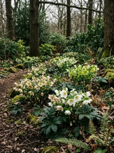 Shade garden showing different perennials thriving beneath mature trees.