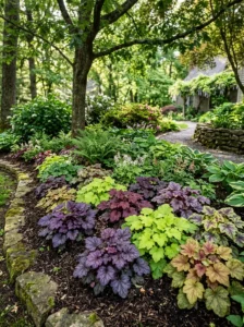 Thriving low-maintenance shade garden filled with varied perennial foliage and flowers.