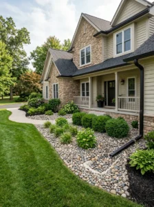Alt Text: River rock landscaping surrounding a home's foundation.