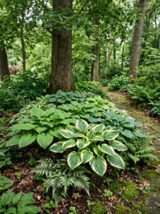 Healthy hostas with large green leaves growing in a shaded garden.