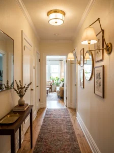 Small hallway using layered warm lighting to create a brighter and more open feel.
