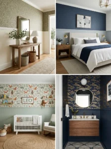 Alt Text: Chair rail separating wallpaper and painted wall sections.