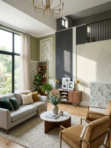 Alt Text: Modern interior showcasing different half wallpaper and half paint techniques.