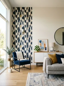 Alt Text: Framed wallpaper panels surrounded by painted walls.