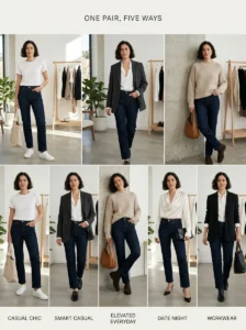 ALT: Professional jeans outfit with blouse and blazer