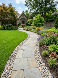 Alt Text: River rock border defining the edge of a flower bed.