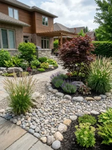 Alt Text: River rock island highlighting a focal ornamental plant.