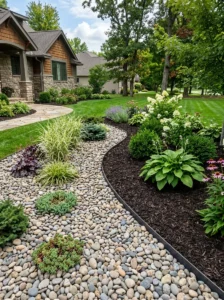 Alt Text: River rock borders creating clean edges around landscaped garden areas.