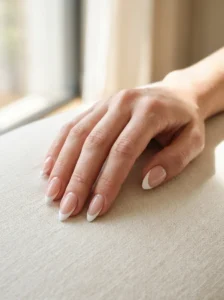 Almond-shaped nails with clean modern French tips on a nude-pink base