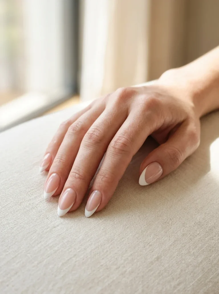 Almond-shaped nails with clean modern French tips on a nude-pink base