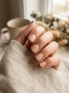 Short beige nails with chocolate brown French tips