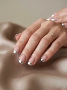Metallic and textural French tip details on short nails