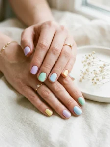Simple fresh spring manicure with soft pastel colors and minimalist details.