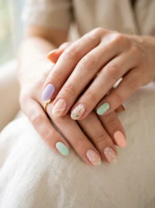 Simple spring manicure featuring pastel colors, negative space, and minimalist nail art.