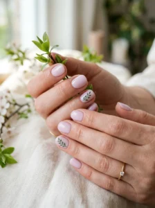 Pastel manicure featuring geometric negative-space cutouts.