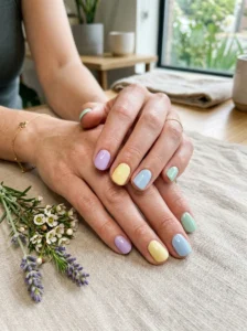 Soft pastel spring nail colors including lavender, yellow, blue, and mint green.