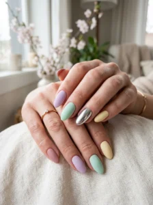 Clear-base spring manicure with delicate pastel-colored tips.