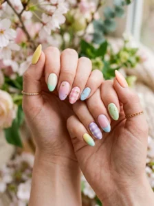 Collection of fresh and simple spring nail designs featuring pastel colors and minimalist details.