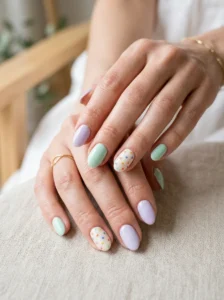 Simple floral-inspired spring nail designs with daisies, leaves, and delicate accents.