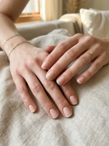 Short round nails with thin colored French tip lines